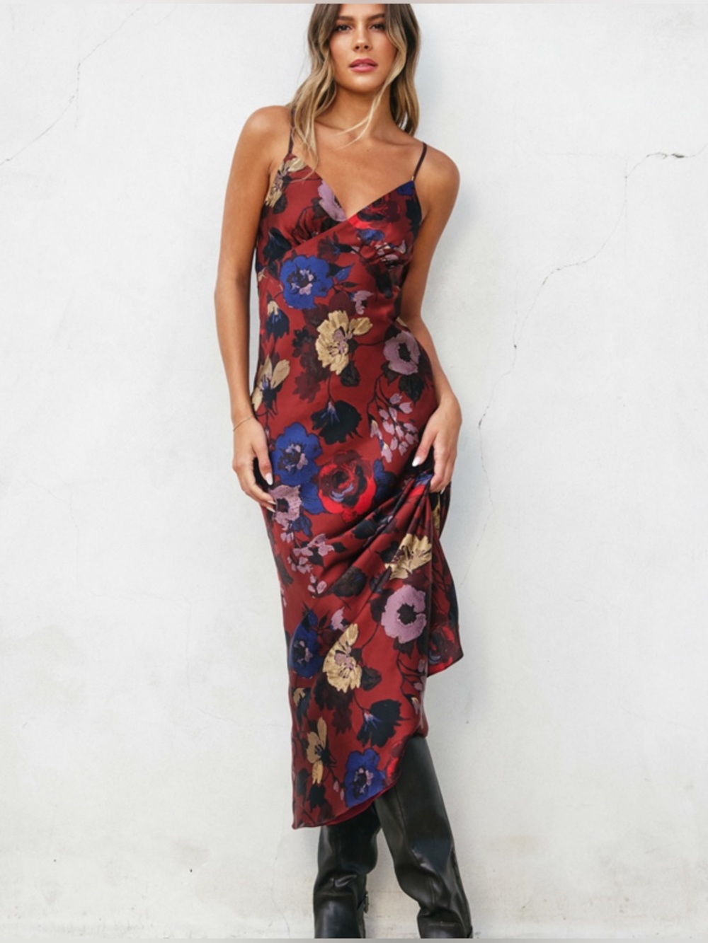 Dress Forum Open Back Satin Midi Dress in Brandy Russet Print